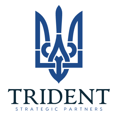 A blue and white logo for trident.