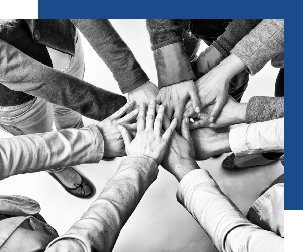 A group of people holding hands in the middle of a circle.